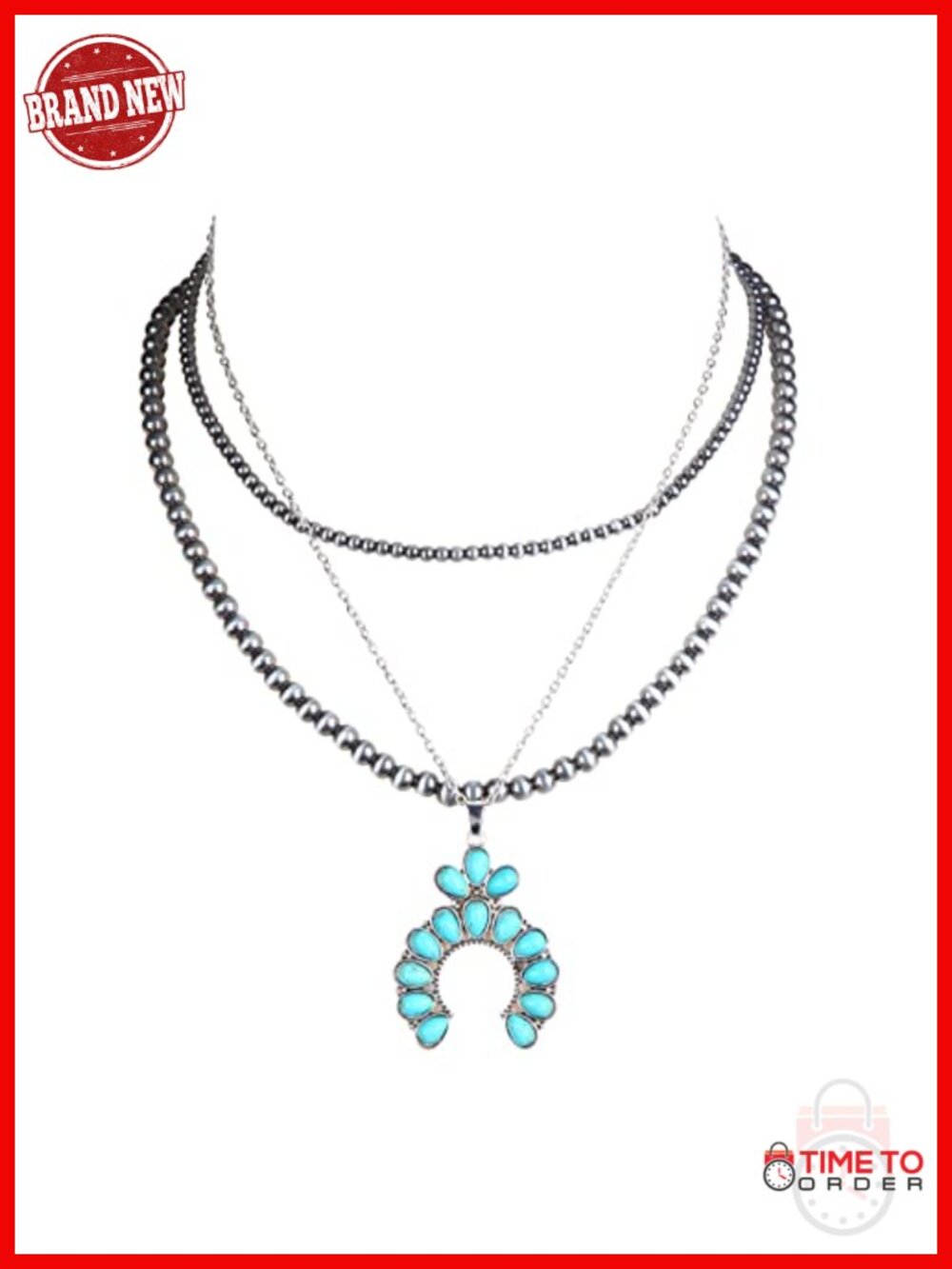 Boho Handmade Navajo Pearl Necklace Set - 3 Layered Turquoise Pendants, Western